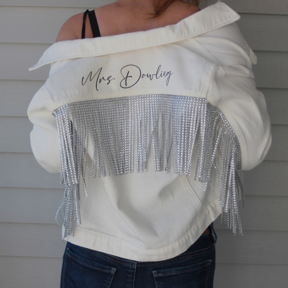 Handmade to order! Bridal denim jean jacket with rhinestone fringe - Picture 7 of 8